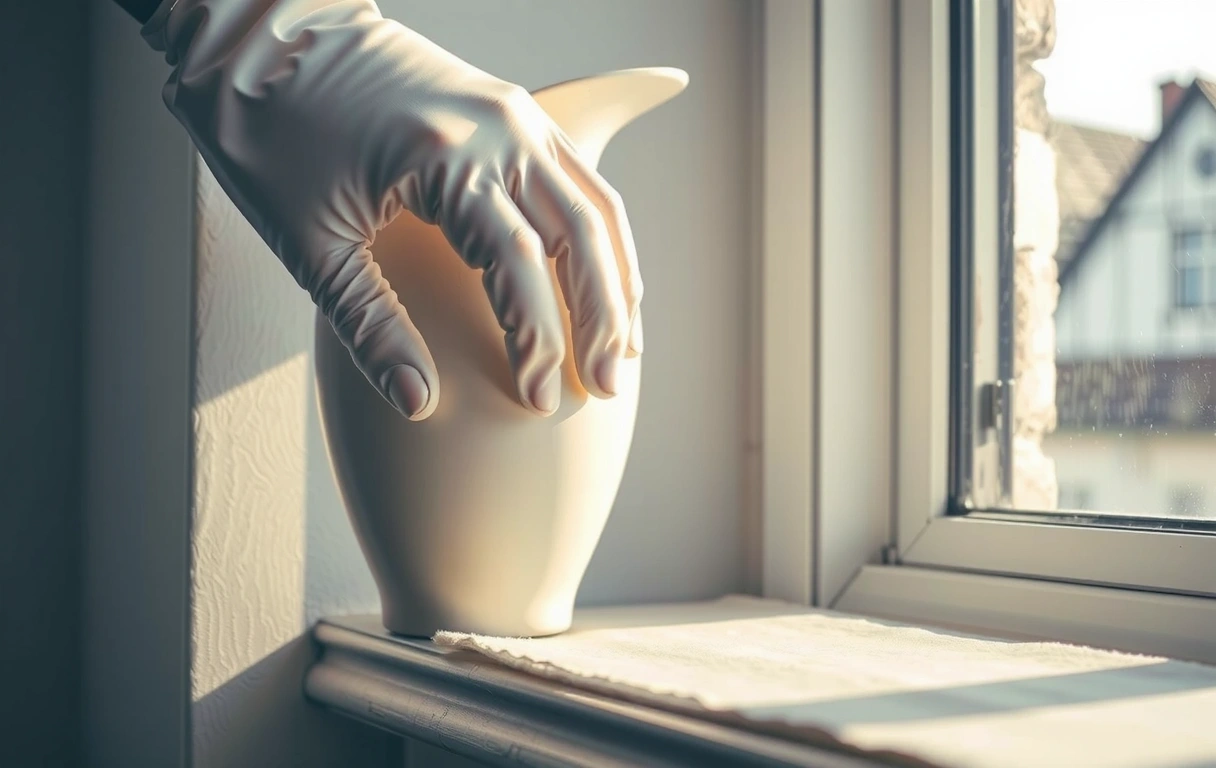 Precise alignment of a ceramic vase by gloved hands